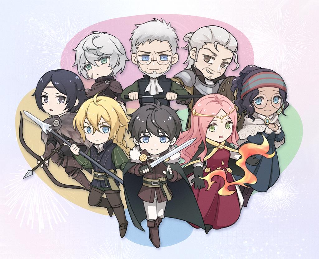 4boys 4girls anna_pascal arrow_(projectile) beard benedict_pascal black_gloves black_hair blonde_hair blue_eyes bow_(weapon) braid brown_eyes cape chibi diadem erador_ballentine facial_hair fingerless_gloves fire frederica_aesfrost geela_breisse glasses gloves green_eyes grey_hair harukatang holding holding_sword holding_weapon hughette_bucklar long_hair looking_at_viewer multiple_boys multiple_girls pink_hair polearm pyrokinesis roland_glenbrook serenoa_wolffort simple_background spear sword triangle_strategy weapon white_background