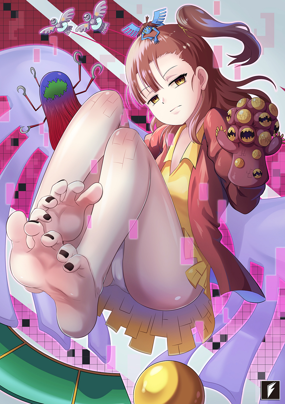 1girl artist_name asymmetrical_bangs bare_legs barefoot black_nails brown_hair closed_mouth d-reaper d-reaper_adr-01 d-reaper_adr-02 d-reaper_adr-07 d-reaper_adr-09 d-reaper_zone digimon digimon_tamers dress expressionless feet full_body hair_tie hand_puppet highres katou_juri knees_up medium_hair nail_polish panties puppet reaper_(digimon) side_ponytail soles solo_focus teng_zhai_zi thighs toenails toes underwear white_panties wings yellow_dress yellow_eyes