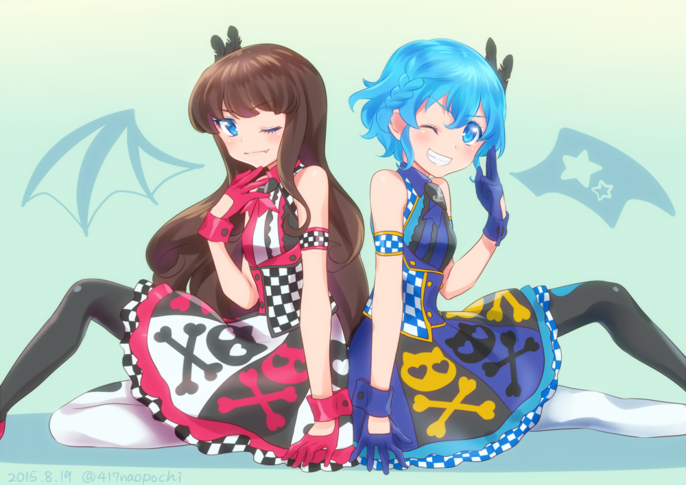 0417nao 2girls blue_eyes blue_gloves blue_hair braid brown_hair butterfly_hair_ornament dated dorothy_west dress gloves hair_ornament idol_clothes kurosu_aroma looking_at_viewer multiple_girls one_eye_closed pretty_series pripara red_gloves short_hair side_braid sitting twitter_username wrist_cuffs