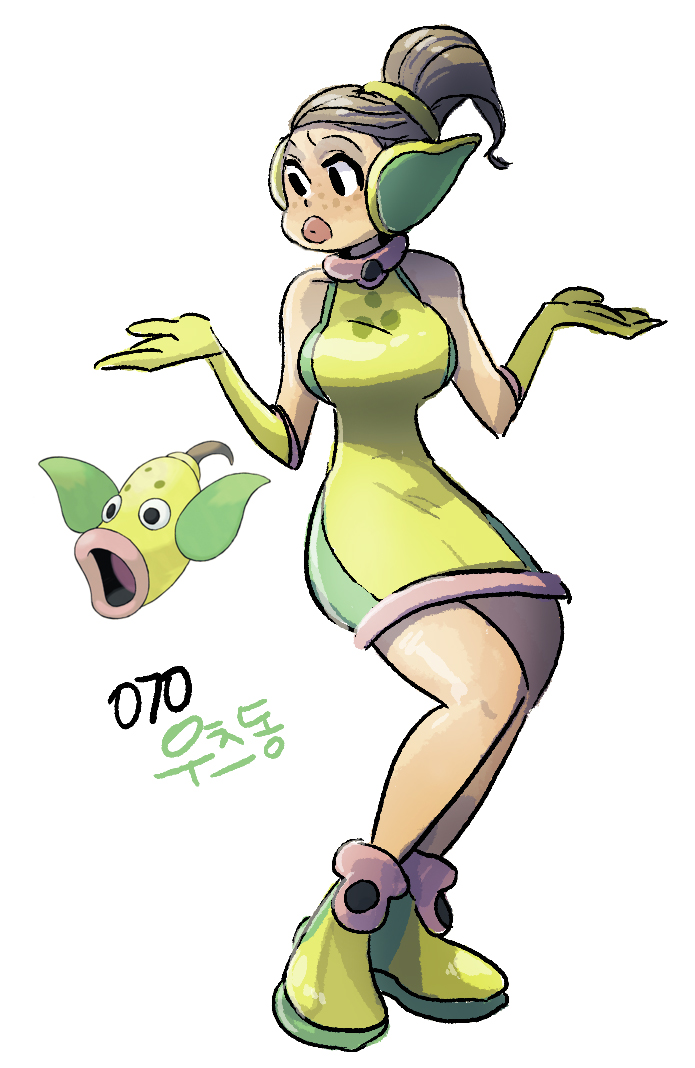 1girl black_eyes boots dress freckles full_body gen_1_pokemon gloves nintendo personification pokemon pokemon_(creature) ponytail reference_inset short_hair simple_background sleeveless sleeveless_dress tamtamdi thick_lips translated weepinbell white_background yellow_boots yellow_dress yellow_gloves