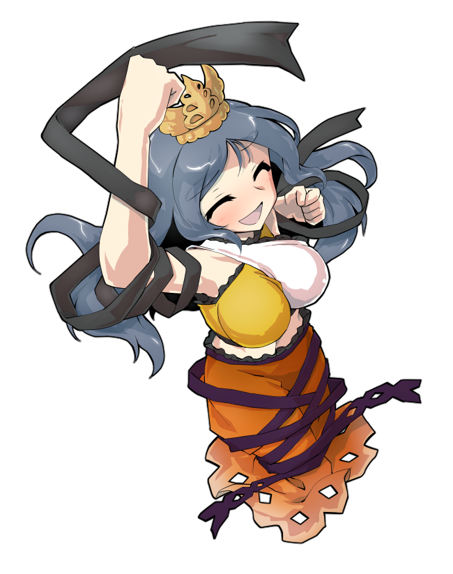 1girl arm_up black_ribbon blue_hair breasts chirizuka_ubame clenched_hand closed_eyes crown dairi double-parted_bangs dress flustered fossilized_wonders frilled_skirt frills from_above full_body grin headpiece long_hair midriff_peek multicolored_dress nipples open_mouth orange_skirt outstretched_arm purple_ribbon ribbon skirt smile solo surprised tachi-e touhou
