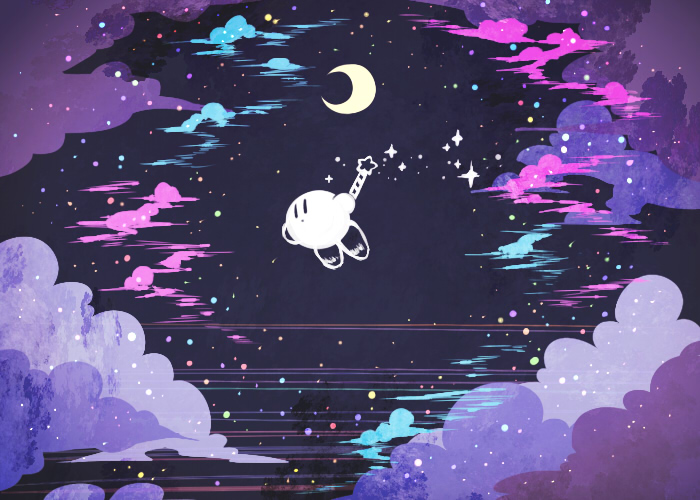 1boy 2016 blue_clouds cloud crescent_moon glitter holding holding_wand kirby kirby&#039;s_dream_land kirby_(series) living_(nsiring) moon night night_sky nintendo pink_clouds purple_clouds sky wand
