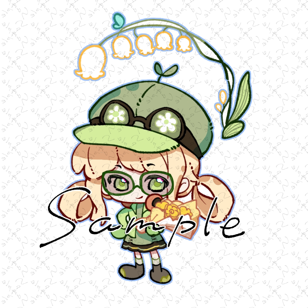 1girl black-framed_eyewear blonde_hair blue_outline boots bouquet brown_boots chibi chinese_commentary collared_jacket commentary_request commission dress floral_print flower forest_fluttering_(infinity_nikki) goggles goggles_on_headwear green-framed_eyewear green-tinted_eyewear green_dress green_eyes green_hat green_jacket hair_rings hand_on_own_hip happy hat holding holding_bouquet infinity_nikki jacket kneehighs lapels lily_of_the_valley long_sleeves medium_dress newsboy_cap nikki_(series) open_clothes open_jacket outline parted_lips peaked_lapels ribbon round_eyewear sample_watermark short_hair_with_long_locks shuang_yuda_zhanglang sidelocks simple_background sleeves_past_fingers sleeves_past_wrists smile socks solo sunglasses tinted_eyewear watermark watermark_grid white_background white_flower white_socks yellow_ribbon