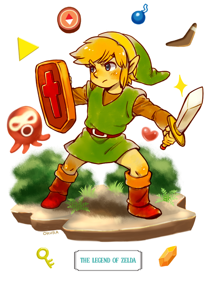 1boy belt blonde_hair blue_eyes bomb brown_belt brown_footwear compass copyright_name explosive full_body green_headwear green_tunic heart holding holding_shield holding_sword holding_weapon key link male_focus nintendo octorok pointy_ears rito_(kinokosoup) rupee_(zelda) shield simple_background solo sparkle sword the_legend_of_zelda the_legend_of_zelda_(nes) tunic weapon white_background
