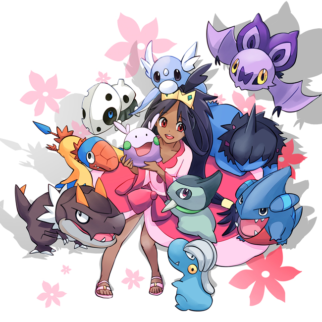 1girl archen aron axew bagon black_eyes chen_(1717) closed_mouth crown dark-skinned_female dark_skin deino_(pokemon) dinosaur dragon dratini dress feet flower game_freak gen_1_pokemon gen_3_pokemon gen_4_pokemon gen_5_pokemon gen_6_pokemon gible goomy iris_(pokemon) long_hair nintendo noibat open_mouth pink_dress pokemon pokemon_(creature) pokemon_bw2 ponytail purple_hair red_eyes ribbon sandals shadow sitting smile toes tyrunt wings yellow_eyes