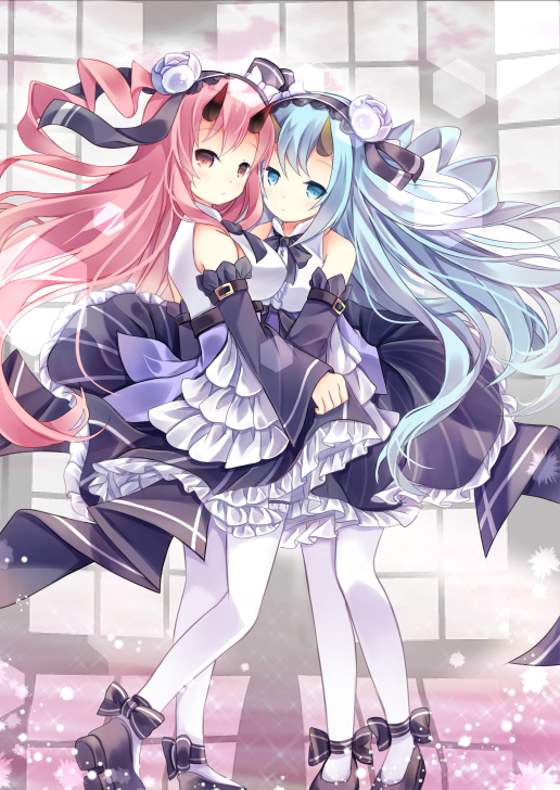 2girls ahoge azur_lane bare_shoulders black_footwear black_neckwear blue_eyes blue_hair blush breasts closed_mouth detached_sleeves flower frilled_skirt frills full_body gyorui_(yakiudonnn) hair_between_eyes hair_flower hair_ornament horns ikazuchi_(azur_lane) ikazuchi_(sakura_tea)_(azur_lane) inazuma_(azur_lane) inazuma_(vanilla_pudding)_(azur_lane) indoors long_hair looking_at_viewer mary_janes multiple_girls oni_horns pantyhose pink_eyes pink_hair shoes skirt sleeveless white_legwear