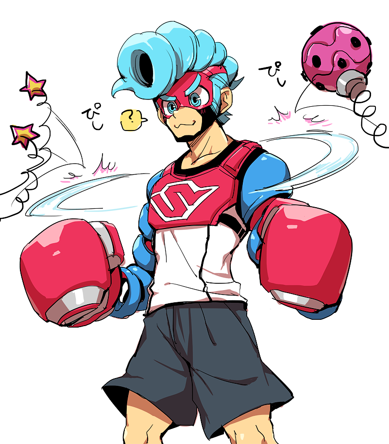 &gt;:3 1boy :3 ? arms_(game) black_shorts blue_eyes boxing_gloves cowboy_shot male_focus megaton_(arms) nekobayashi_(nekoforest) pompadour short_hair shorts sideburns simple_background smile solo @_@ spoken_question_mark spring_man_(arms) toaster_(arms) v-shaped_eyebrows white_background