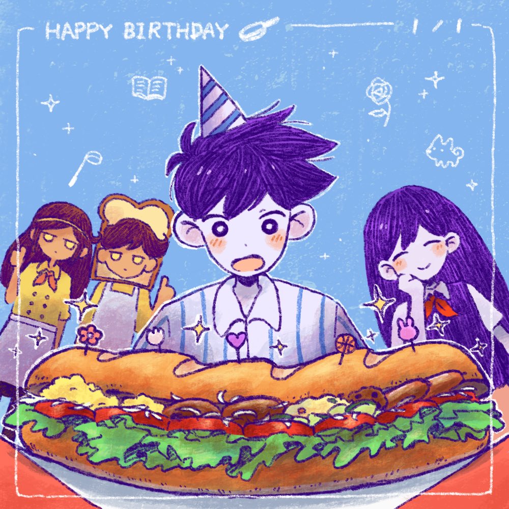 2boys 2girls antenna_hair apron biscuit_(omori) blue_background blush bright_pupils brother_and_sister brown_hair closed_mouth collared_shirt colored_skin dark-skinned_female dark-skinned_male dark_skin doughie_(omori) food happy_birthday hat hero_(headspace)_(omori) hero_(omori) long_hair long_sleeves mari_(headspace)_(omori) mari_(omori) multiple_boys multiple_girls neckerchief omori open_mouth pajamas party_hat plate purple_eyes purple_hair purple_sweater_vest red_neckerchief sandwich shirt short_hair short_sleeves siblings simple_background smile sparkle sun_iiinu sweater_vest white_apron white_pupils white_shirt white_skin yellow_eyes
