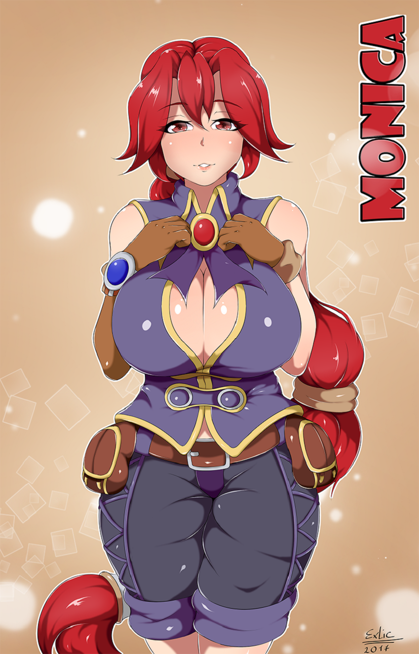 1girl artist_request breasts cleavage dark_chronicle dark_cloud dark_cloud_2 happy highres huge_breasts large_breasts long_hair looking_at_viewer monica monica_(dark_chronicle) pink_hair princess red_hair solo source_request tagme very_long_hair