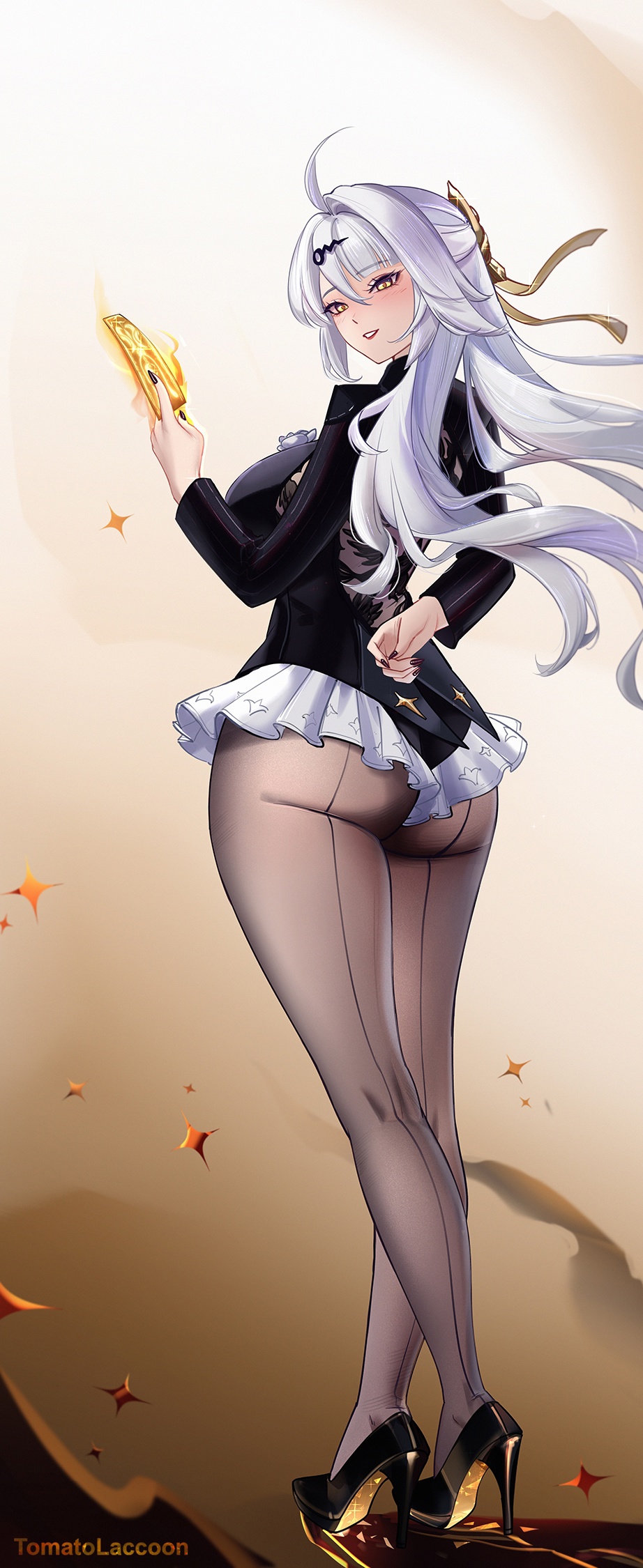1girl ahoge ass black_pantyhose black_unitard bodystocking breasts flower hair_ornament highres jacket large_breasts long_hair long_sleeves looking_at_viewer looking_back official_alternate_costume pantyhose shirt single_hair_intake solo talisman tomatolaccoon white_hair yellow_eyes yixuan_(trails_of_ink)_(zenless_zone_zero) yixuan_(zenless_zone_zero) zenless_zone_zero