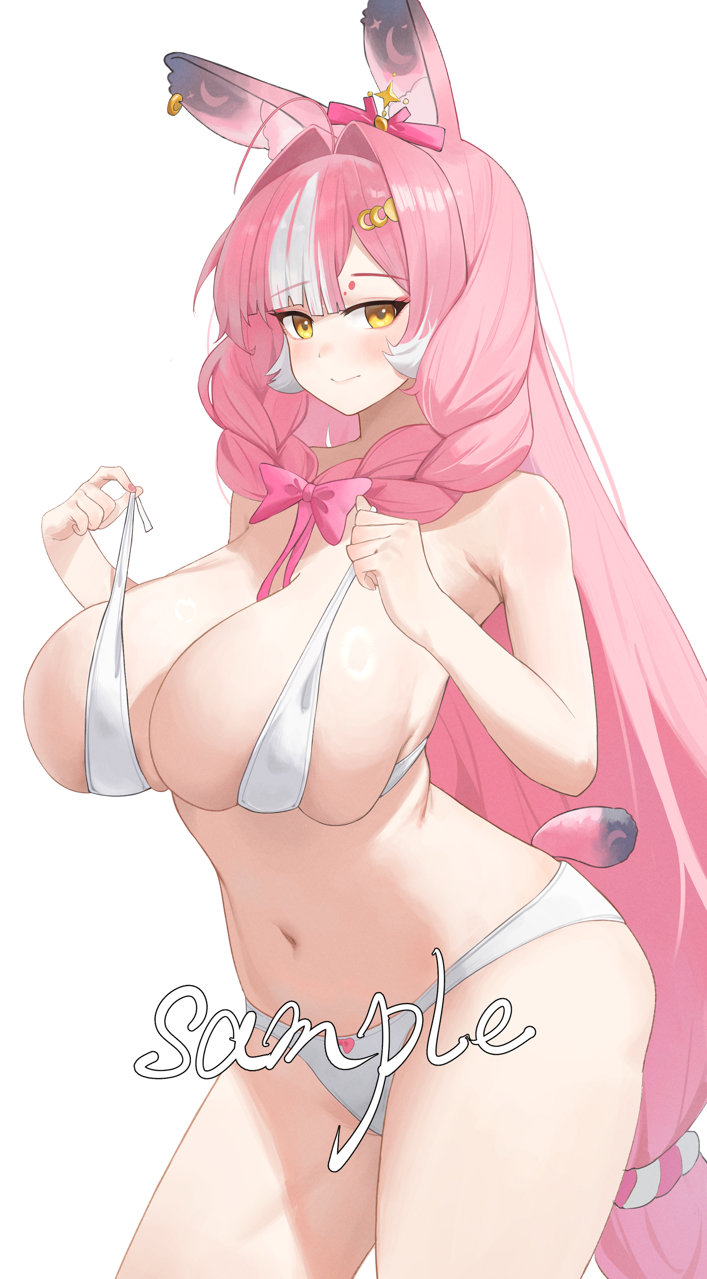 1girl absurdres ahoge animal_ear_fluff animal_ear_piercing animal_ear_tattoo animal_ears bare_arms bare_shoulders between_breasts bikini black_tail blush bow bow_panties braid breasts chinese_commentary closed_mouth commentary_request crescent crescent_hair_ornament crescent_tattoo fingernails full_moon_hair_ornament gradient_tail hair_intakes hair_ornament hair_ribbon hair_scrunchie happy05x highres huge_breasts long_hair looking_at_viewer low-tied_long_hair multicolored_hair nail_polish navel original panties pink_bow pink_hair pink_nails pink_ribbon pink_scrunchie pulling_own_clothes rabbit_ears rabbit_girl rabbit_tail ribbon ribbon_between_breasts sample_watermark scrunchie short_tail simple_background smile solo stomach strap_pull streaked_hair swimsuit tail tattoo thighs two-tone_hair two-tone_scrunchie two-tone_tail underwear watermark white_background white_bikini white_hair white_scrunchie yellow_eyes