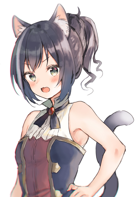 1girl animal_ear_fluff animal_ears bad_id bad_nicoseiga_id bare_arms bare_shoulders black_hair blush breasts cat_ears cat_girl cat_tail commentary_request fang female_focus green_eyes hand_on_own_hip karyl_(princess_connect!) midorikawa_you no_detached_sleeves open_mouth ponytail princess_connect! shirt sidelocks simple_background sleeveless sleeveless_shirt small_breasts solo tail upper_body v-shaped_eyebrows white_background white_shirt