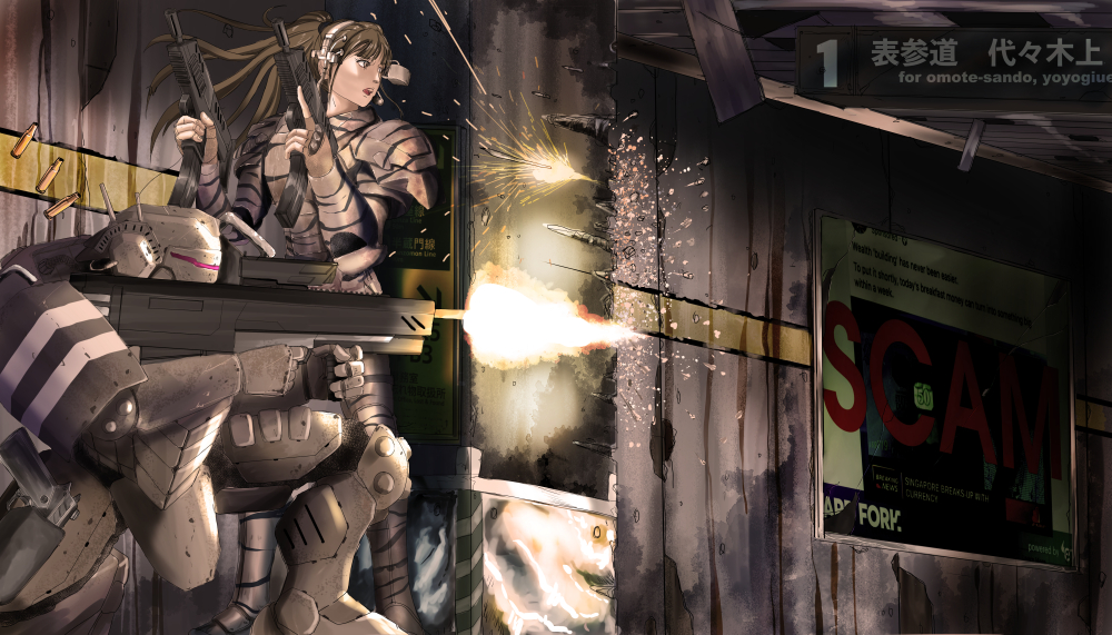 1girl aiming appleseed armor assault_rifle battle body_armor briareos_hecatonchires brown_hair building bullpup cityscape cyberpunk cyborg damaged deunan_knute dual_wielding firing gun handgun headgear holding holstered i.t.o_daynamics kneeling long_hair mecha military original power_armor power_suit radio_antenna redesign rifle robot science_fiction shell_casing submachine_gun subway subway_station taking_cover visor weapon