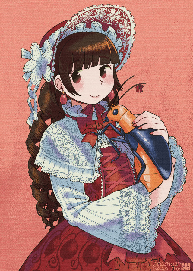 1girl aizawa_sachi bonnet bow brown_hair bug dress frilled_dress frilled_shirt frilled_sleeves frills lace lace_trim long_hair looking_at_viewer original pointy_ears red_bow red_dress red_eyes ribbon shirt smile solo tagme