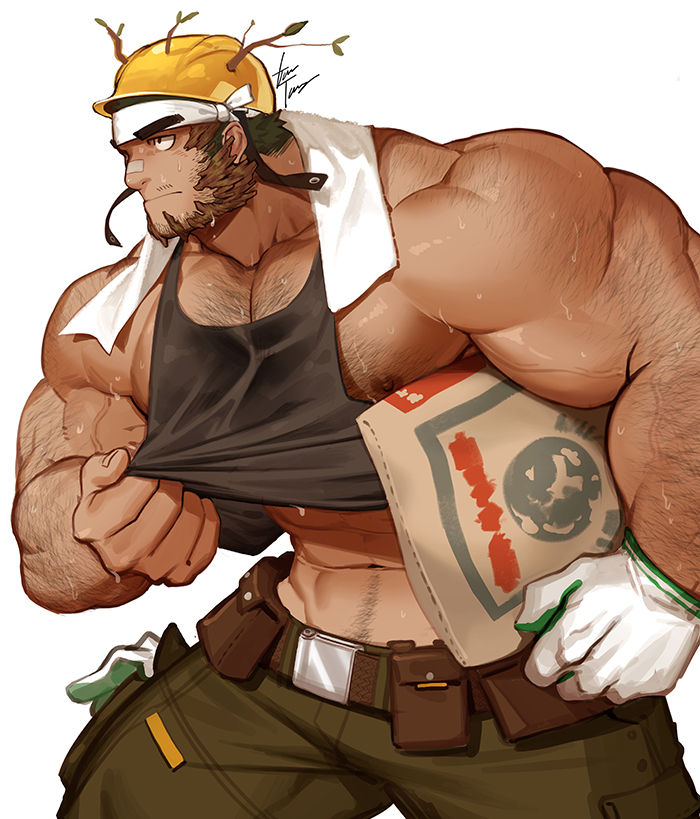 1boy abs arm_hair bag bandaid bandaid_on_face bandaid_on_nose bara bare_shoulders beard black_tank_top brown_hair carrying carrying_under_arm chest_hair clothes_lift dark-skinned_male dark_skin eyebrows_visible_through_headband facial_hair from_side gloves gomtang green_pants hairy hard_hat headband helmet large_pectorals lifting_own_clothes male_focus mature_male midriff_peek muscular muscular_male navel navel_hair nipple_slip nipples original pants pectoral_cleavage pectorals shirt_lift short_hair sideburns sidepec single_glove sleeveless solo stomach sweat tank_top thick_eyebrows thick_thighs thighs tight_clothes tight_pants towel towel_around_neck