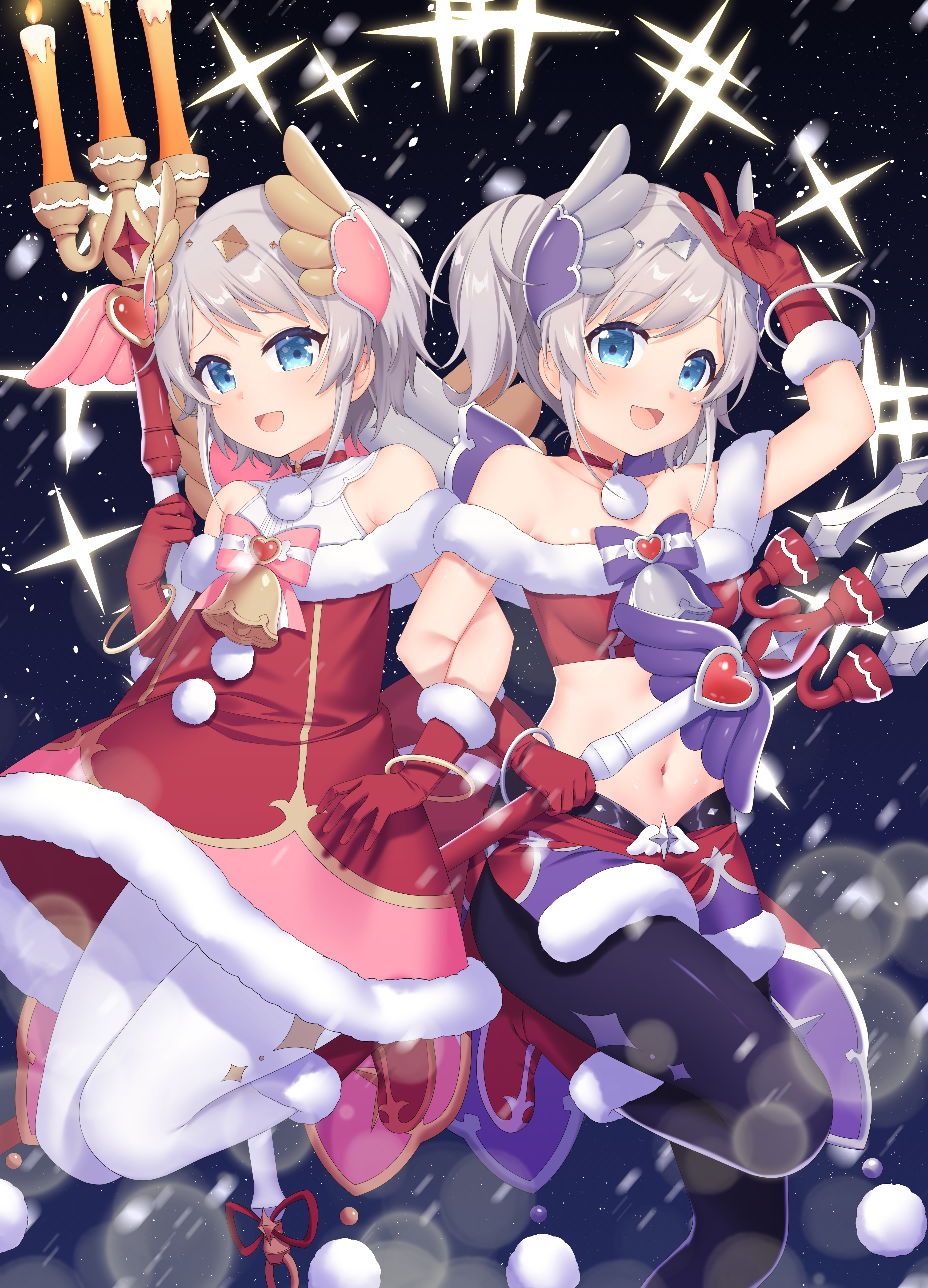 :d absurdres akari_(christmas)_(princess_connect!) akari_(princess_connect!) arm_up bare_shoulders black_pantyhose blue_eyes boots breasts candle candlestand choker christmas collarbone commentary_request dress feet_out_of_frame fire fur-trimmed_boots fur-trimmed_dress fur-trimmed_gloves fur_trim gloves grey_hair highres holding medium_breasts navel off-shoulder_dress off_shoulder open_mouth pantyhose poppy_(poppykakaka) princess_connect! red_choker red_dress red_footwear red_gloves siblings sisters smile twintails white_pantyhose yori_(christmas)_(princess_connect!) yori_(princess_connect!)