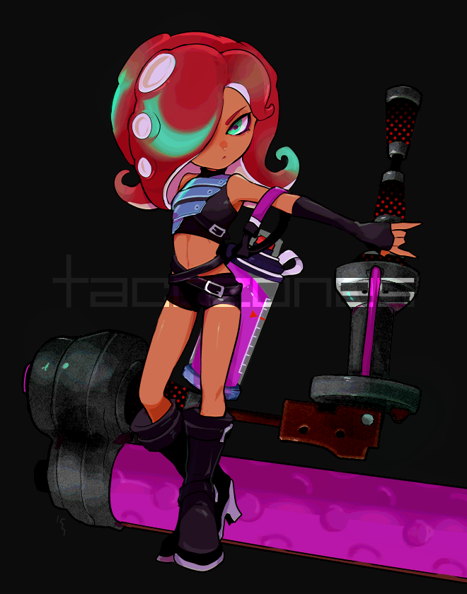 1girl aqua_eyes aqua_hair bare_shoulders belt belt_buckle black_belt black_boots black_gloves black_shirt black_shorts boots breasts buckle cephalopod_eyes closed_mouth commentary crop_top dark-skinned_female dark_skin dynamo_roller_(splatoon) elbow_gloves fingerless_gloves flipped_hair full_body gloves grey_background hair_over_one_eye holding holding_weapon horizontal_pupils imaikuy0 ink_tank_(splatoon) knee_boots long_hair looking_at_viewer midriff multicolored_hair nintendo one_eye_covered parted_bangs purple_pupils red_hair shirt shorts small_breasts solo splatoon_(series) standing takozonesu weapon