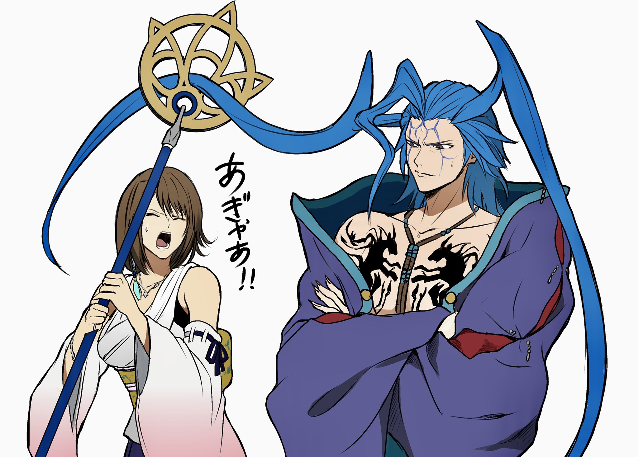 1boy 1girl asymmetrical_bangs back_bow beads blue_hair bob_cut body_markings bow bracelet breasts brown_hair crossed_arms detached_sleeves facial_mark final_fantasy final_fantasy_x fingernails grey_eyes hair_beads hair_ornament hair_slicked_back highres holding holding_staff igusaharu japanese_clothes jewelry long_hair loose_clothes lower_teeth_only medium_breasts necklace open_mouth ring seymour_guado sharp_fingernails short_hair shouting sideburns staff sweatdrop teeth twintails upper_body upper_teeth_only white_background wide_sleeves yuna_(ff10)