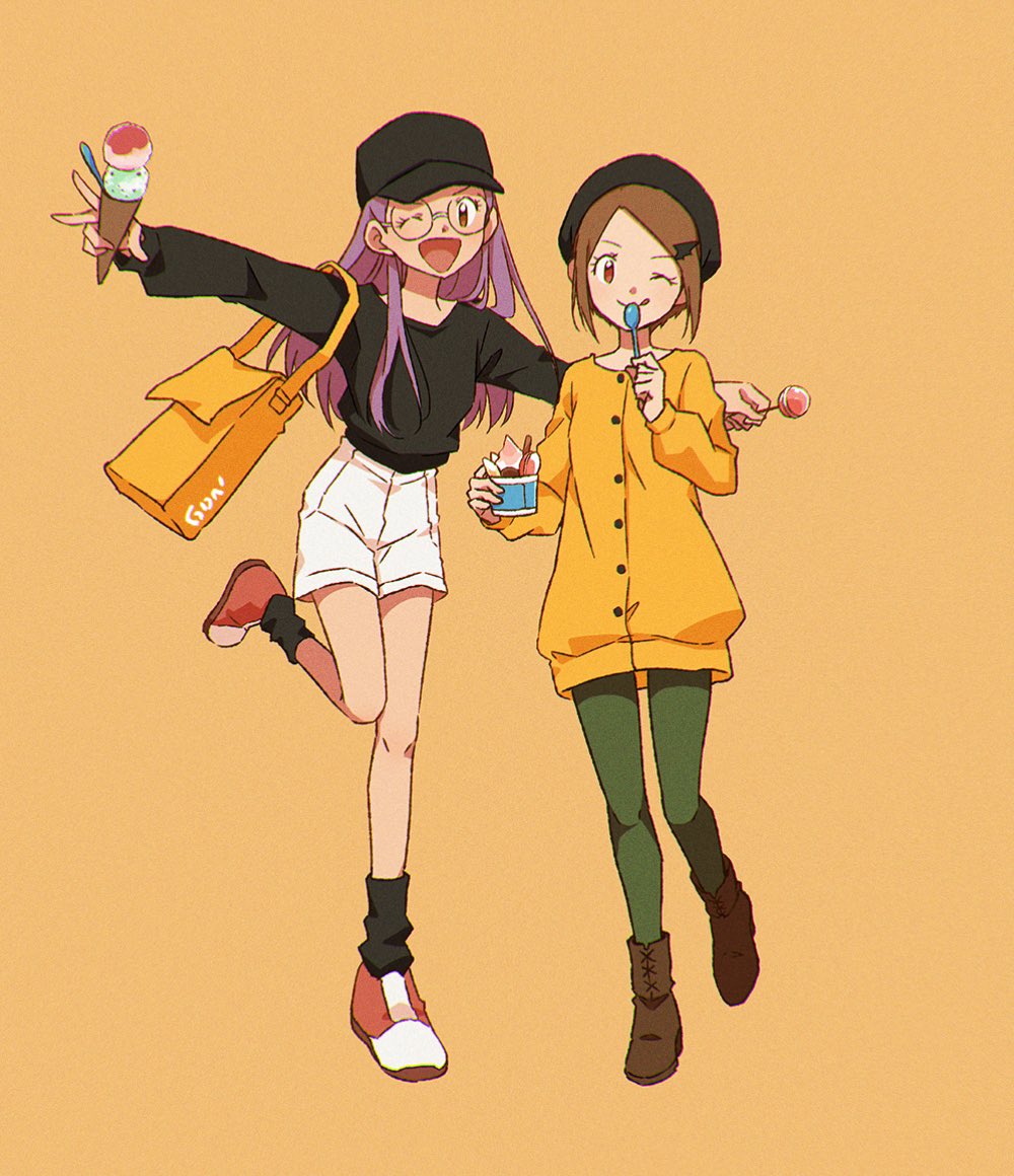 2girls ;d ;q black_hat black_shirt black_socks boots brown_footwear brown_hair candy digimon digimon_adventure_02 food full_body gdn0522 glasses green_pants hat holding holding_candy holding_food holding_ice_cream holding_lollipop ice_cream inoue_miyako jacket lollipop long_hair long_sleeves looking_at_viewer multiple_girls one_eye_closed open_mouth orange_background outstretched_arms pants parted_bangs purple_hair red_eyes rimless_eyewear round_eyewear shirt short_hair shorts simple_background smile socks standing straight_hair tongue tongue_out white_shorts yagami_hikari yellow_jacket