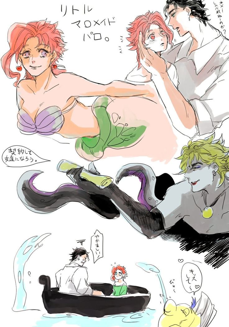 1boy 2girls ariel_(disney) black_hair blonde_hair blouse boat breasts cleavage dio_brando disney fins fish fish_tail flounder_(the_little_mermaid) genderswap genderswap_(mtf) holding jojo_no_kimyou_na_bouken kakyoin_noriaki kuujou_joutarou medium_breasts mermaid monster_girl multiple_girls pink_eyes pink_hair prince_eric purple_eyes red_eyes red_hair red_lips shell shell_bikini shirt tail tentacles the_little_mermaid_(disney) ursula_(disney) water watercraft white_shirt