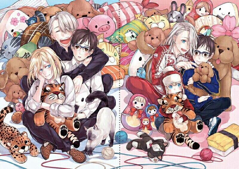 10s 3boys ^_^ aged_down black_hair blonde_hair blue-framed_eyewear blue_eyes brown_eyes cat child closed_eyes community666 dog donut dual_persona fish_(food) food glasses hat indian_style katsuki_yuuri makkachin male_focus matryoshka_doll multiple_boys onigiri open_mouth puma_tiger_scorpion sashimi silver_hair sitting smile stuffed_animal stuffed_cat stuffed_dog stuffed_pig stuffed_rabbit stuffed_tiger stuffed_toy teddy_bear tongue tongue_out track_suit vicchan viktor_nikiforov yarn yarn_ball yuri!!!_on_ice yuri_plisetsky