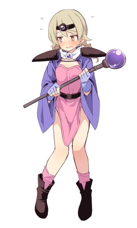 1girl armor blush boots brown_boots brown_eyes brown_hair circlet cosplay cropped_jacket dress fingerless_gloves flying_sweatdrops full_body gloves haou_taikei_ryuu_knight holding holding_staff idolmaster idolmaster_cinderella_girls jacket long_hair long_sleeves looking_to_the_side morikubo_nono nose_blush orb paffy_pafuricia paffy_pafuricia_(cosplay) parted_lips pauldrons pink_dress pink_socks purple_jacket ringlets shoulder_armor simple_background socks solo staff standing strapless strapless_dress uccow wavy_mouth white_background wide_sleeves