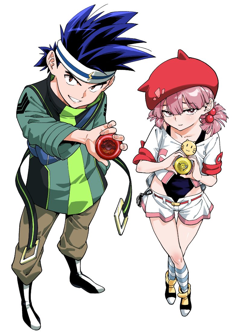 1boy 1girl 2024 belt black_leotard blue_hair boots brown_eyes brown_pants chousoku_spinner closed_mouth corocoro_comic crossed_legs doumoto_shunichi from_above green_jacket grin hair_between_eyes hashiguchi_takashi headband heart heart_hands highleg highleg_leotard hyper_yoyo_accel jacket kirisaki_mai kneehighs leotard long_sleeves looking_at_viewer looking_up medium_hair pants pink_hair shoes short_shorts short_sleeves short_twintails shorts smile smug socks spiked_hair standing striped_clothes striped_socks teeth thighs twintails yo-yo