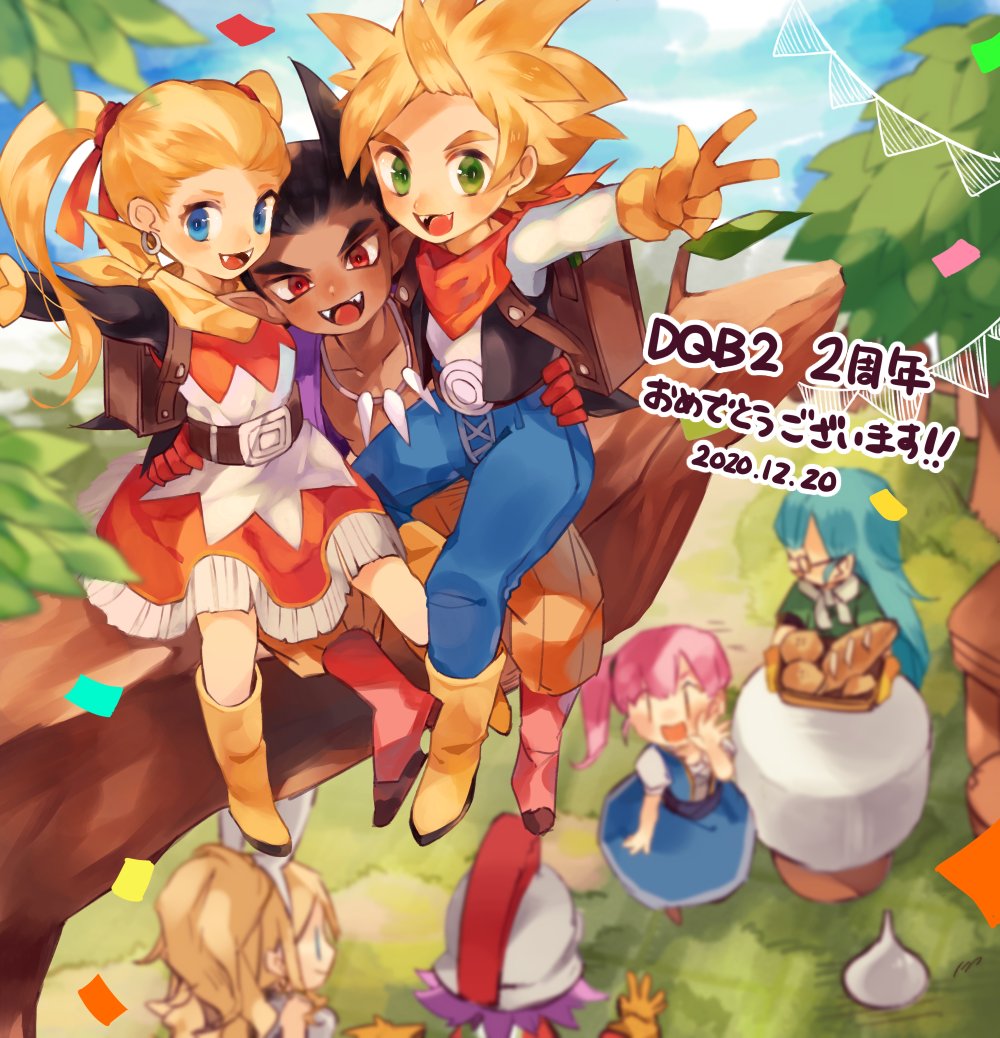 2020 3boys 5girls :d anessa_(dqb2) animal_ears antenna_hair aqua_hair backpack bag basket belt black_vest blonde_hair blue_dress blue_eyes blue_pants blurry bone_necklace boots bread brown_hair bunting chako_(dqb2) commentary confetti copyright_name curly_hair dark-skinned_male dark_skin dated depth_of_field dragon_quest dragon_quest_builders_2 dress earrings fake_animal_ears fake_teeth fangs female_builder_(dqb2) food fringe_trim gloves green_eyes green_shirt hair_pulled_back hair_ribbon hand_on_another&#039;s_hip helmet high_ponytail hoop_earrings hotaro_(bread_fusa) in_tree jewelry long_hair looking_at_another looking_at_viewer low_ponytail male_builder_(dqb2) metal_slime metats_(dqb2) multiple_boys multiple_girls neckerchief open_clothes open_mouth open_shirt orange_neckerchief orange_pants pants pero_(dqb2) pink_hair ponytail purple_hair purple_shirt rabbit_ears red_eyes red_footwear red_gloves red_ribbon ribbon ruru_(dqb2) shirt short_hair side_ponytail sidoh_(dqb2) silver_earrings sitting sitting_in_tree sitting_on_lap sitting_on_person smile spiked_hair symbol-only_commentary translation_request tree twintails v vest white_shirt yellow_boots yellow_gloves yellow_neckerchief