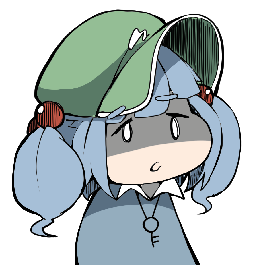 0_0 1girl blue_hair blue_shirt cabbie_hat collar collared_shirt commentary_request deformed flanvia green_hat hair_bobbles hair_ornament hat jewelry kawashiro_nitori key key_necklace long_hair looking_ahead low_twintails necklace open_mouth shaded_face shirt simple_background solo touhou twintails white_background white_collar