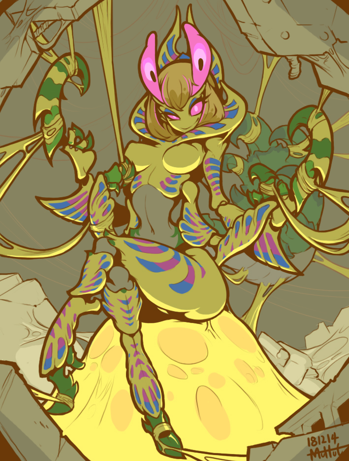 1girl ahtal-ka arthropod_girl blonde_hair breasts bug capcom crossed_legs female_focus looking_at_viewer monster monster_girl monster_hunter_(series) muhut navel no_humans personification pink_eyes short_hair sitting smile solo web