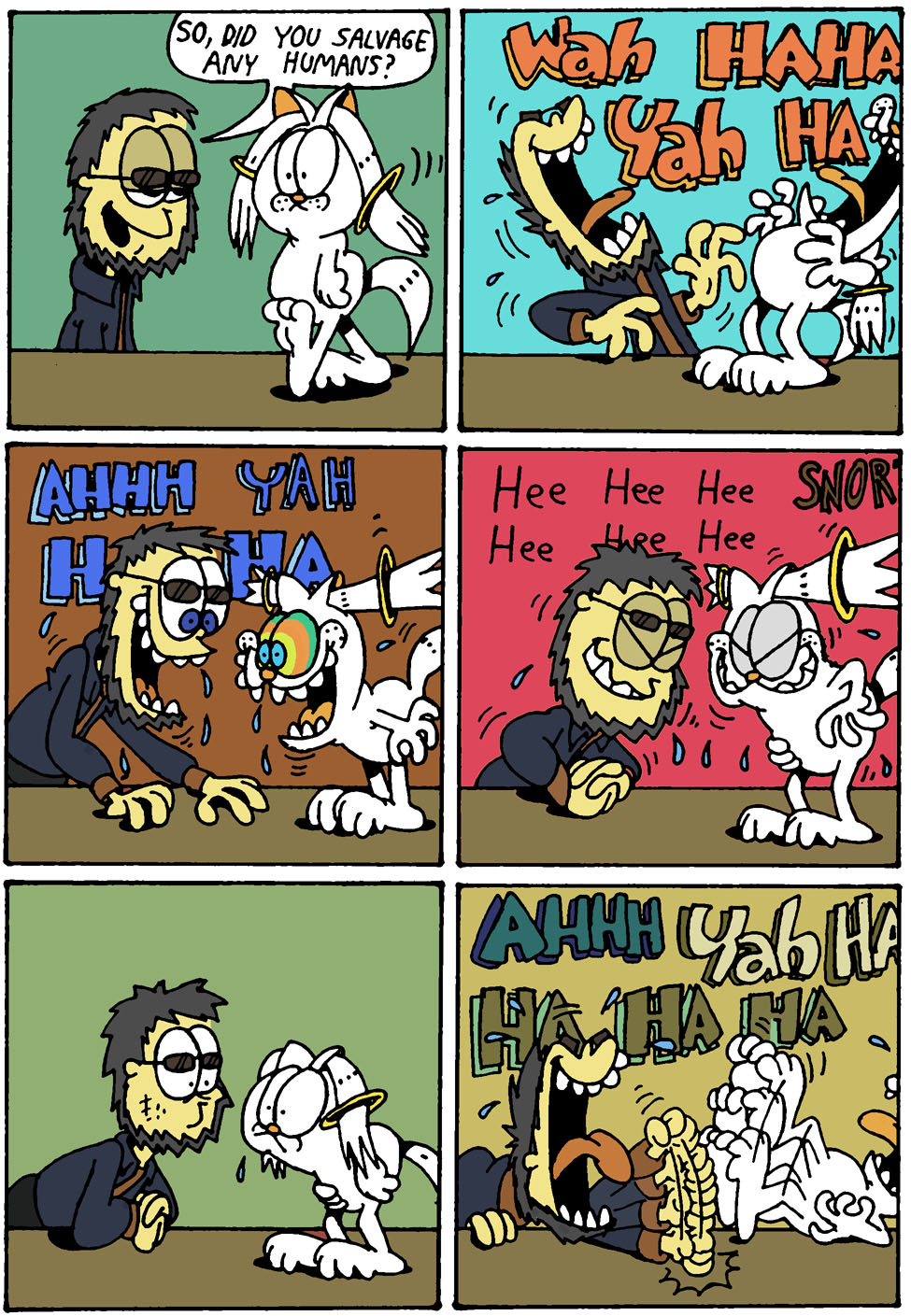 10s 2boys beard black_hair comic facial_hair garfield garfield_(character) glasses happy highres ikari_gendou jon_arbuckle kyubey laughing mahou_shoujo_madoka_magica mahou_shoujo_madoka_magica_(anime) male_focus multiple_boys neon_genesis_evangelion parody smile