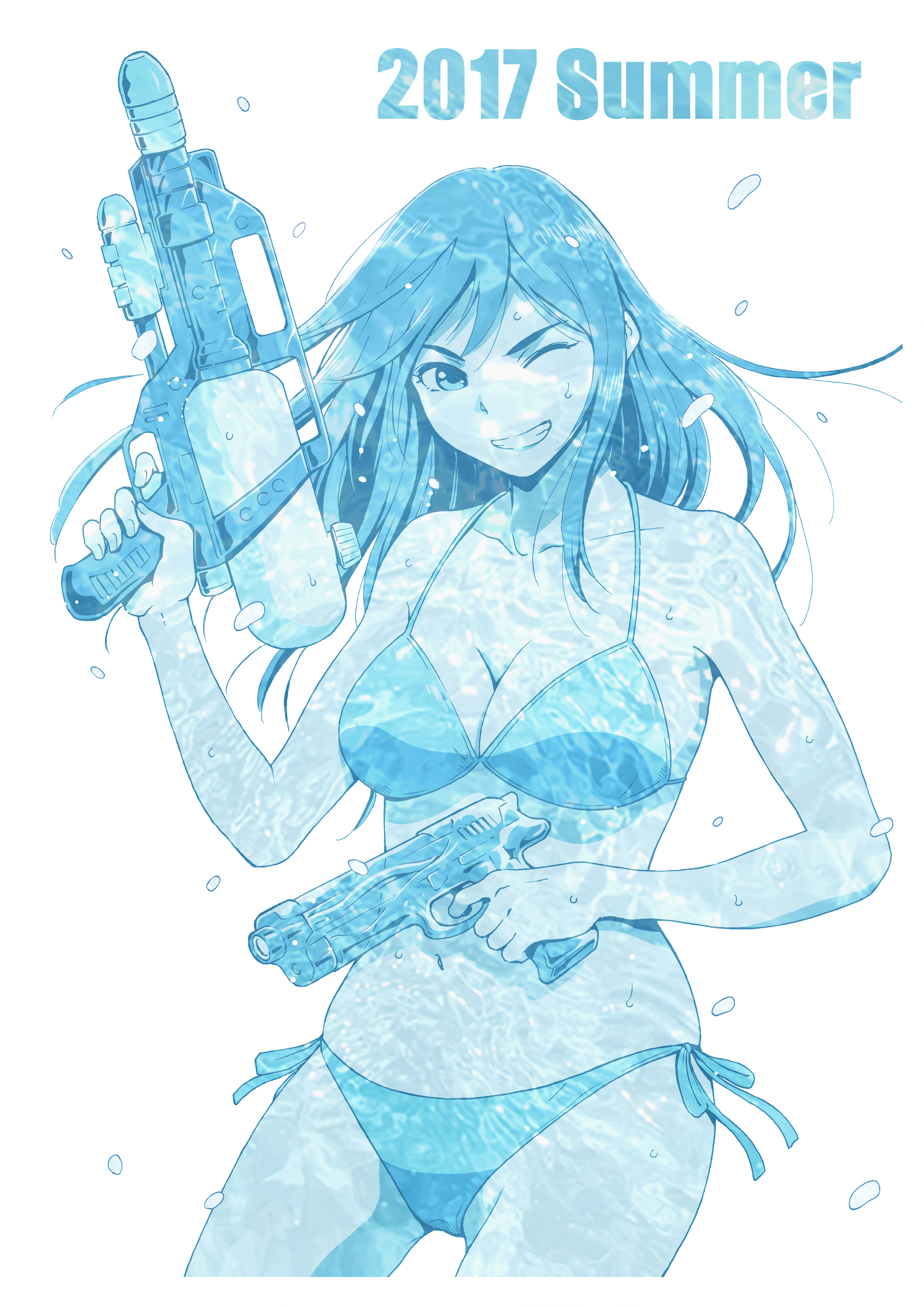 1girl absurdres asymmetrical_dual_wielding bikini blue_bikini blue_theme breasts cowboy_shot dated dual_wielding gun handgun highres holding long_hair looking_at_viewer medium_breasts navel one_eye_closed original side-tie_bikini_bottom smile summer super_soaker swimsuit takada_katsura water_gun weapon wet white_background