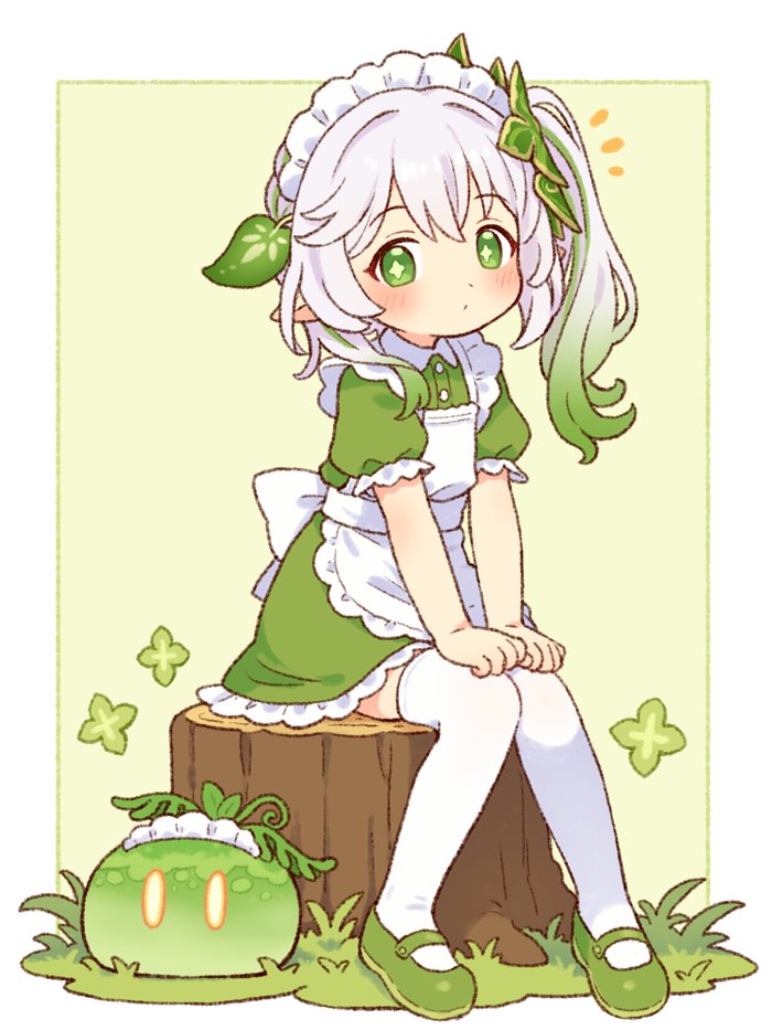 1girl alternate_costume apron blush border commentary_request dendro_slime_(genshin_impact) dress enmaided frilled_hairband frills full-face_blush genshin_impact gradient_hair green_background green_dress green_eyes green_hair green_shoes hair_between_eyes hair_ornament hairband leaf_hair_ornament long_hair looking_at_viewer maid maid_headdress mary_janes multicolored_hair nahida_(genshin_impact) onyhakase pointy_ears shoes short_sleeves side_ponytail sitting on_tree_stump slime_(genshin_impact) solo star-shaped_pupils star_(symbol) symbol-shaped_pupils thighhighs tree_stump white_apron white_border white_hair white_hairband white_thighhighs
