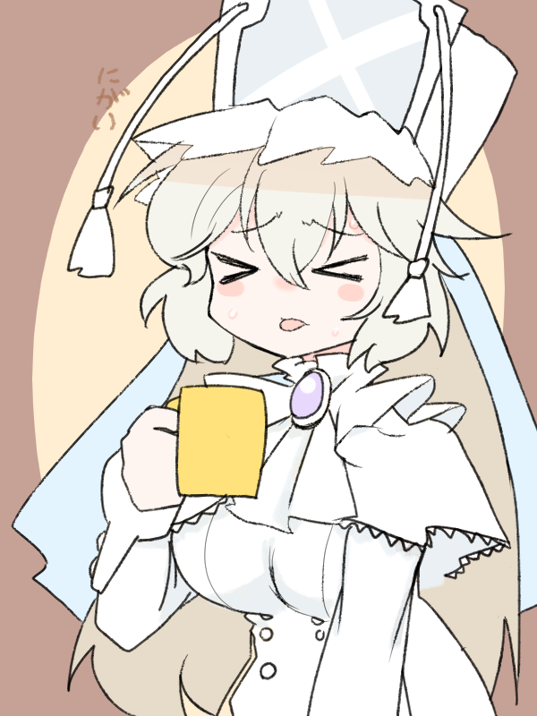 &gt;_&lt; 1girl closed_mouth cup dress holding holding_cup long_hair mahou_shoujo_madoka_magica mahou_shoujo_oriko_magica mikuni_oriko solo sonohi210 tongue very_long_hair white_dress white_hair