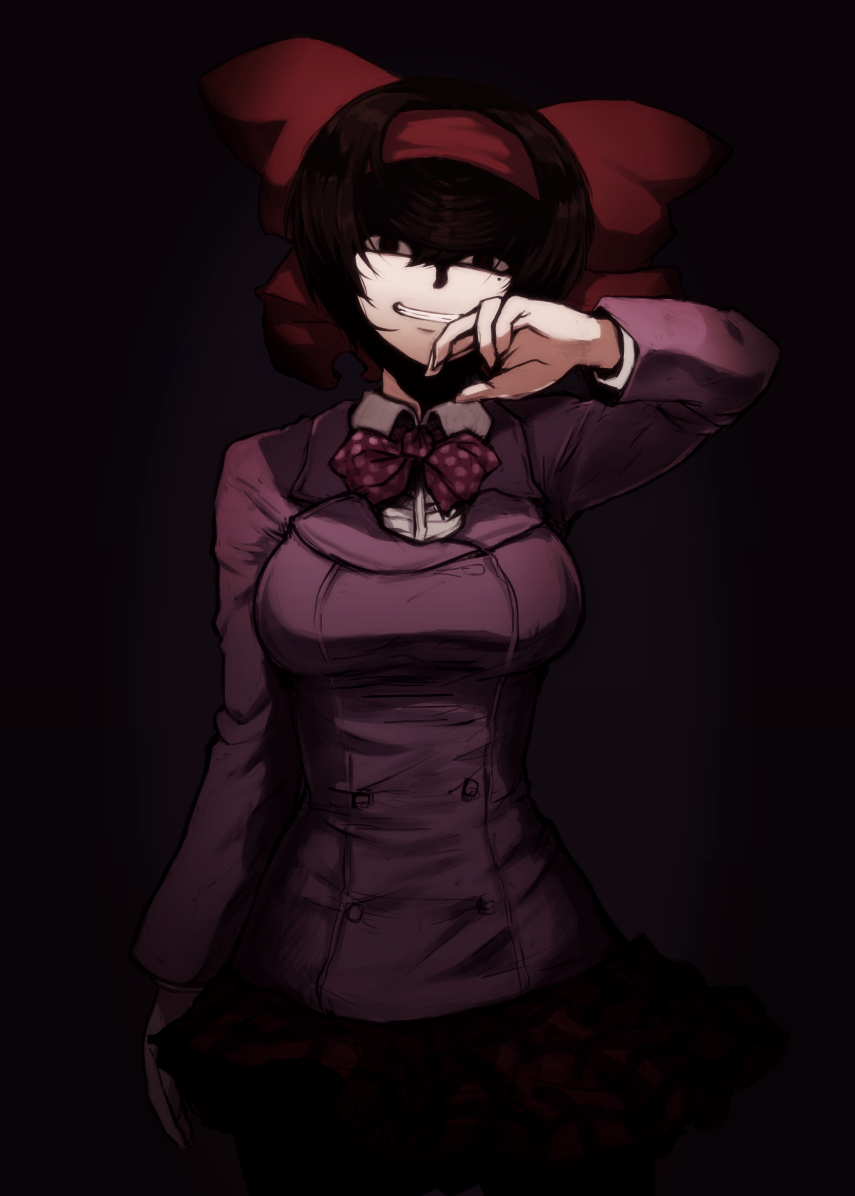 10s 1girl black_background black_hair bow bowtie collared_shirt commentary dark evil_grin evil_smile female_focus girls_und_panzer girls_und_panzer_ribbon_no_musha grin hair_bow hair_ribbon hand_to_own_mouth jacket long_sleeves looking_at_viewer mityubi mole mole_under_eye polka_dot_neckwear purple_jacket ribbon school_uniform shirt short_hair smile solo tatenashi_high_school_uniform tsuruki_shizuka white_shirt