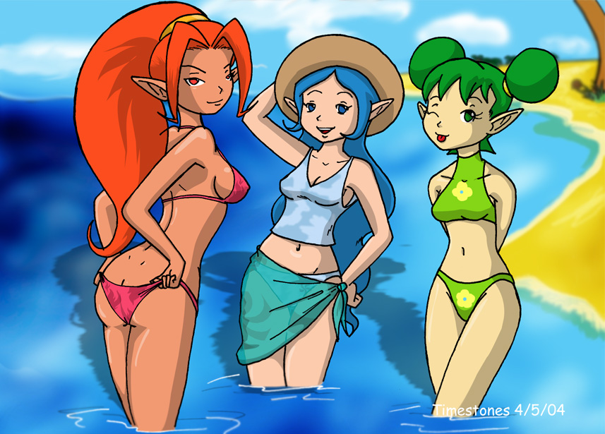 3girls adjusting_clothes adjusting_swimsuit ass beach bikini blue_eyes blue_hair breasts butt_crack cleavage cloud dark-skinned_female dark_skin dimples_of_venus din farore green_eyes green_hair hand_on_own_hip hat legs long_hair looking_at_viewer multiple_girls navel nayru nintendo ocean one_eye_closed open_mouth outdoors pointy_ears ponytail red_eyes red_hair short_hair sky smile standing swimsuit the_legend_of_zelda the_legend_of_zelda:_oracle_of_ages the_legend_of_zelda:_oracle_of_seasons tongue tongue_out water wink