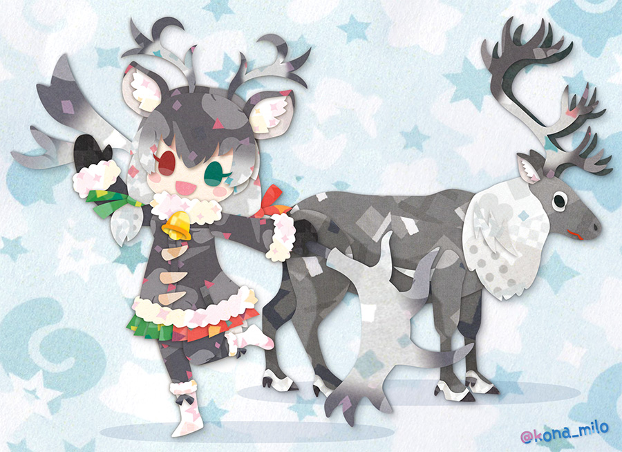 1girl animal animal_ears bell blue_background coat commentary deer_ears deer_girl extra_ears gloves grey_hair heterochromia horns japari_symbol kemono_friends kikuchi_milo long_hair looking_at_viewer pantyhose reindeer reindeer_(kemono_friends) ribbon shoes simple_background skirt star_(symbol) twintails weapon