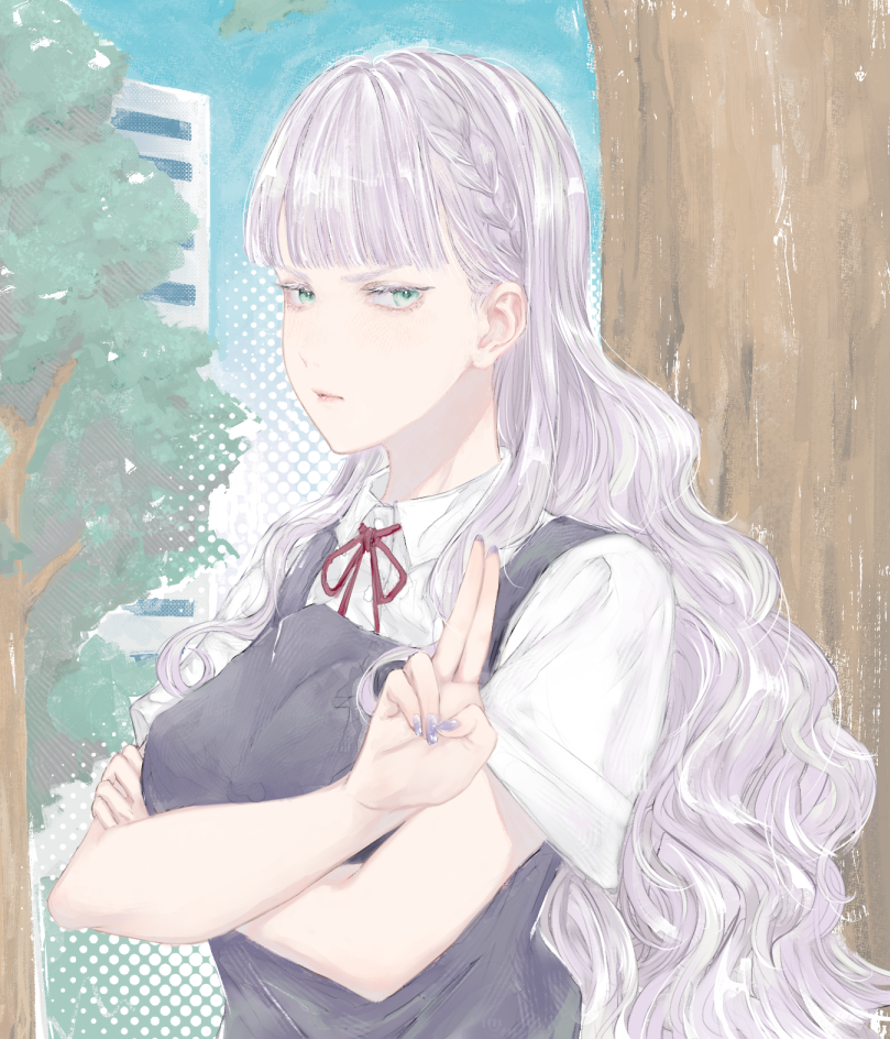 1girl blue_sky blunt_bangs closed_mouth collared_shirt commentary_request dress dress_shirt green_eyes grey_dress halftone halftone_background long_hair looking_at_viewer love_live! love_live!_superstar!! neck_ribbon outdoors pinafore_dress purple_hair red_ribbon ribbon school_uniform shirt short_sleeves sky sleeveless sleeveless_dress solo summer_uniform tree upper_body v-shaped_eyebrows wavy_hair white_shirt wien_margarete yoruneko_yashiro yuigaoka_school_uniform