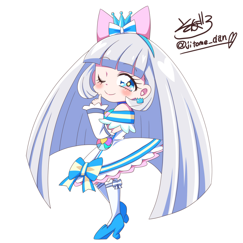 1girl aqua_bow arm_warmers artist_name bare_shoulders blue_bow blue_choker blue_crown blue_eyes blue_hairband blue_shoes blunt_bangs blush bow bright_pupils chest_bow chibi chibi_only choker closed_mouth commentary crown crown_earrings cure_nyammy dot_nose dress dress_bow earrings finger_to_mouth from_side full_body hairband hand_up index_finger_raised jewelry long_hair looking_at_viewer magical_girl medium_dress multicolored_bow nekoyashiki_yuki off-shoulder_dress off_shoulder one_eye_closed petticoat pouch precure shiny_cats_pact shoes signature simple_background smile soboro_(jitome_dan) solo standing striped_bow thighhighs twitter_username very_long_hair white_arm_warmers white_background white_dress white_hair white_thighhighs wonderful_precure!