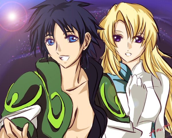 00s 1boy 1girl :d age_(heroic_age) black_hair blue_eyes blush book collarbone deianeira formal_clothes heroic_age long_hair long_sleeves open_book open_mouth purple_eyes smile suit upper_body very_long_hair