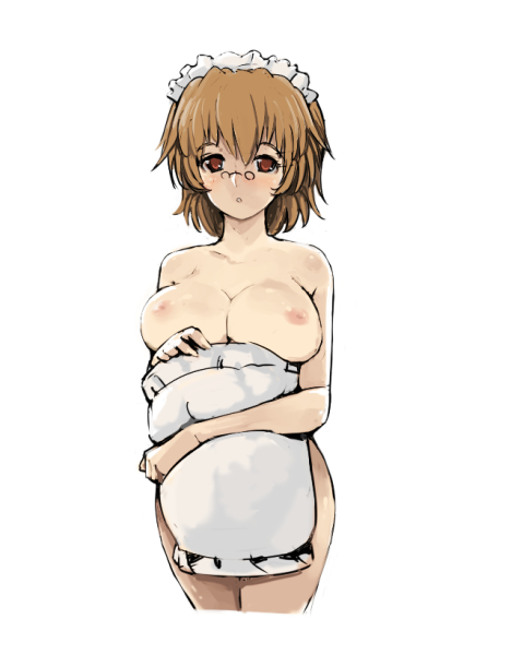 1girl blush breasts brown_eyes brown_hair covering_crotch covering_privates female_focus futaba_channel glasses hugging_object large_breasts looking_at_viewer maid maid_headdress nemui nijiura_maids nipples nude pillow pillow_hug pince-nez short_hair simple_background small_nipples solo white_background