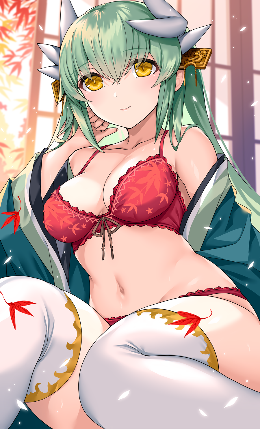 bare_shoulders blush bra breasts closed_mouth collarbone dragon_girl dragon_horns fate/grand_order fate_(series) green_hair green_kimono hair_ornament highres horns japanese_clothes kimono kiyohime_(fate) large_breasts leaf long_hair long_sleeves maple_leaf morizono_shiki navel off_shoulder panties red_bra red_panties sitting smile solo stomach thighhighs thighs underwear white_thighhighs wide_sleeves yellow_eyes
