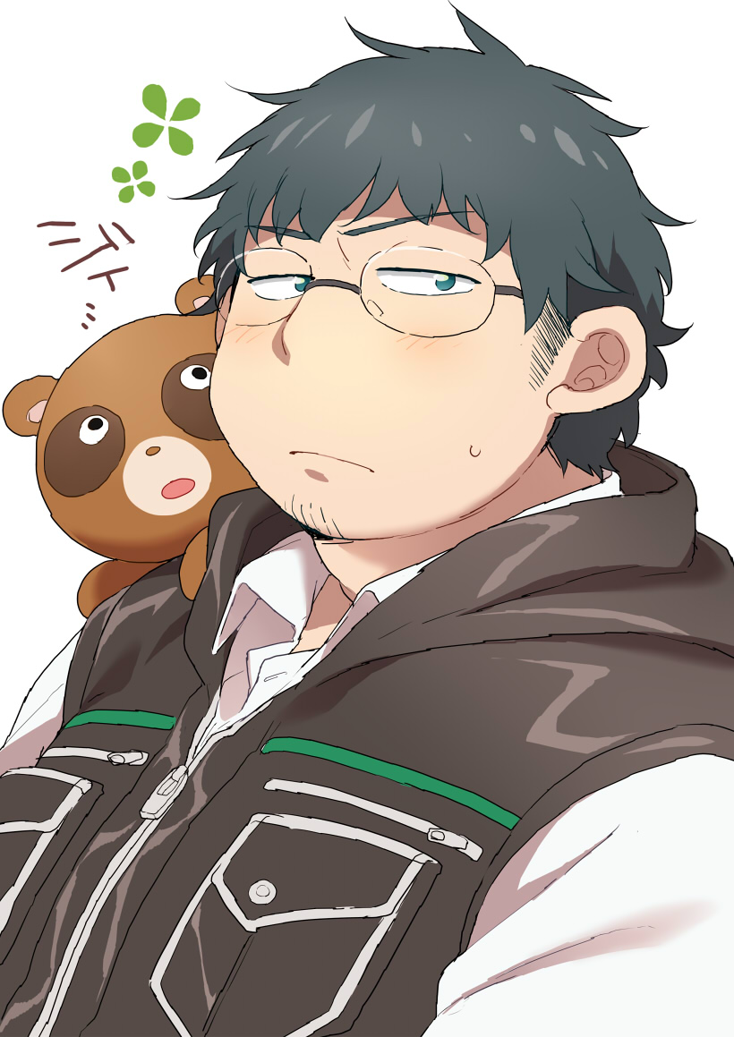 1boy animal animal_on_shoulder bara blue_eyes closed_mouth facial_hair gekkan_shoujo_nozaki-kun glasses goatee_stubble hood hood_down looking_at_viewer male_focus miyamae_ken purasu_no_konbu sideburns_stubble simple_background stubble sweatdrop white_background zipper_pull_tab