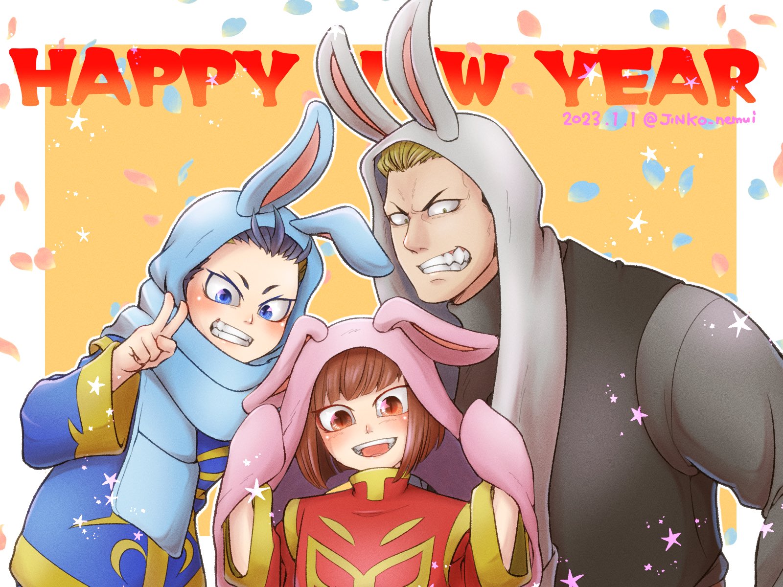 3boys animal_ears animal_hood blue_eyes bowl_cut chinese_clothes colored_tips english_text fatal_fury happy_new_year highres hood jin_chonrei jin_chonshu jinko_nemui multicolored_hair multiple_boys new_year rabbit_ears red_eyes slit_pupils yamazaki_ryuuji