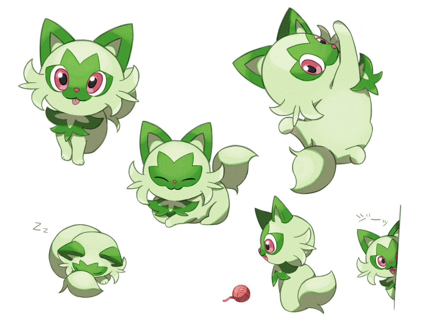 :p closed_eyes closed_mouth commentary_request facing_viewer multiple_views nintendo no_humans nori_(hgdm2784) peeking_out pokemon pokemon_(creature) red_eyes simple_background sleeping sprigatito tongue tongue_out white_background yarn yarn_ball zzz