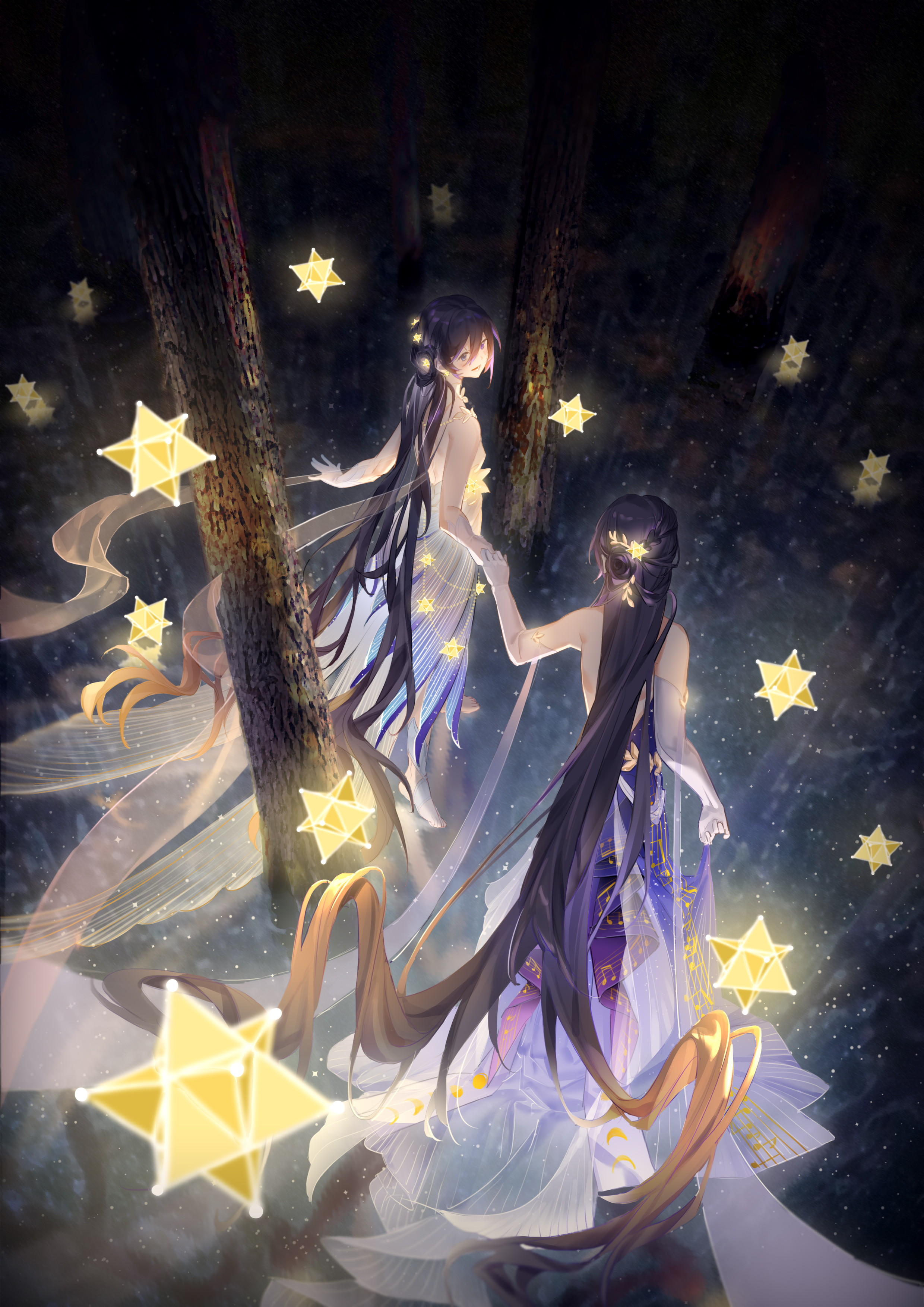 2girls absurdres black_hair dark_background dress earrings elbow_gloves forest from_above full_body gloves glowing_jewelry hair_between_eyes hair_ornament highres holding_hands jewelry light_particles long_dress long_hair looking_at_another multiple_girls musical_note musical_note_print nature night original purple_dress sang_sha see-through_clothes see-through_shawl shawl smile standing star_(symbol) stellated_octahedron tree very_long_hair white_gloves