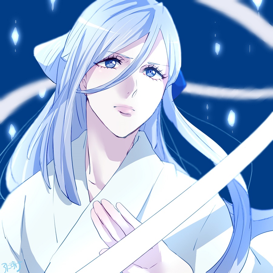 1girl bad_id bad_pixiv_id bleach blue_eyes blue_hair bow eyelashes female_focus hair_bow head_tilt japanese_clothes kimono long_hair long_ribbon looking_at_viewer ribbon ronisuke sode_no_shirayuki solo sword weapon white_kimono