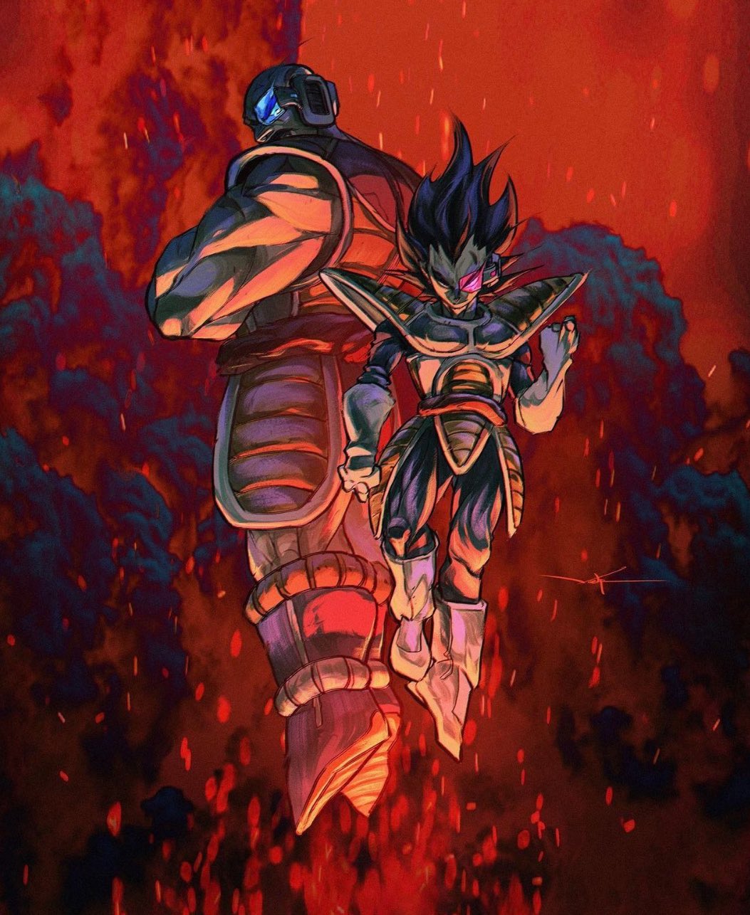 2boys armor bald black_hair blue_bodysuit bodysuit boots dragon_ball dragonball_z facial_hair gloves highres monkey_tail multiple_boys muscular muscular_male mustache nappa red_background saiyan saiyan_armor scouter smoke spiked_hair tail vegeta warrickwong white_footwear white_gloves