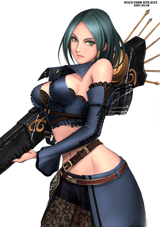 1girl alicia_(bullet_witch) aq_interactive bare_shoulders belt breasts bullet_witch cavia detached_sleeves female_focus green_eyes green_hair gun large_breasts matching_hair/eyes midriff mole mole_under_eye ryu_(ryu&#039;s_form_site) see-through_clothes short_hair simple_background solo waist_cape weapon