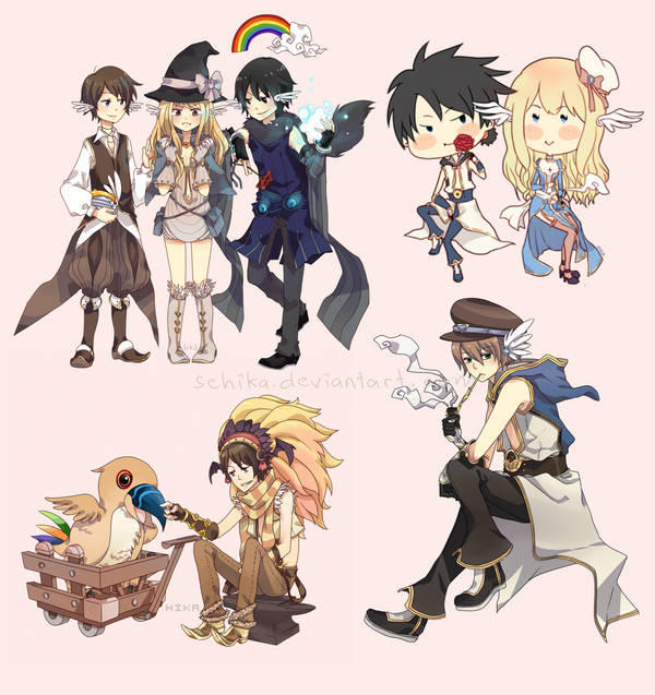 2girls 5boys alternate_color animal animal_around_neck baggy_pants belt black_gloves black_hair black_hat black_pants blonde_hair blue_shirt boots brown_boots brown_eyes brown_hair brown_hat brown_pants brown_thighhighs brown_vest champion_(ragnarok_online) championship_belt champourado character_name chibi chibi_inset closed_mouth clown_(ragnarok_online) coat collared_shirt commentary commission creator_(ragnarok_online) crop_top detached_sleeves dress english_commentary expressionless feathered_wings fingerless_gloves flower flower_in_mouth fox full_body fur-trimmed_pants fur-trimmed_shirt fur_trim garter_straps gloves gold_trim grey_boots grey_dress hat head_wings high_priest_(ragnarok_online) holding holding_instrument hood hood_down hooded_coat instrument juliet_sleeves kiseru long_sleeves looking_at_viewer multicolored_coat multiple_boys multiple_girls pants peaked_cap peco_peco plunging_neckline professor_(ragnarok_online) puffy_sleeves pullcart ragnarok_online red_flower red_rose rose scarf shirt short_dress short_hair simple_background sitting sleeveless sleeveless_coat sleeveless_shirt smile smoking smoking_pipe standing striped_clothes striped_scarf thighhighs two-tone_coat two-tone_dress vest white_coat white_dress white_shirt white_wings whitesmith_(ragnarok_online) wings witch_hat